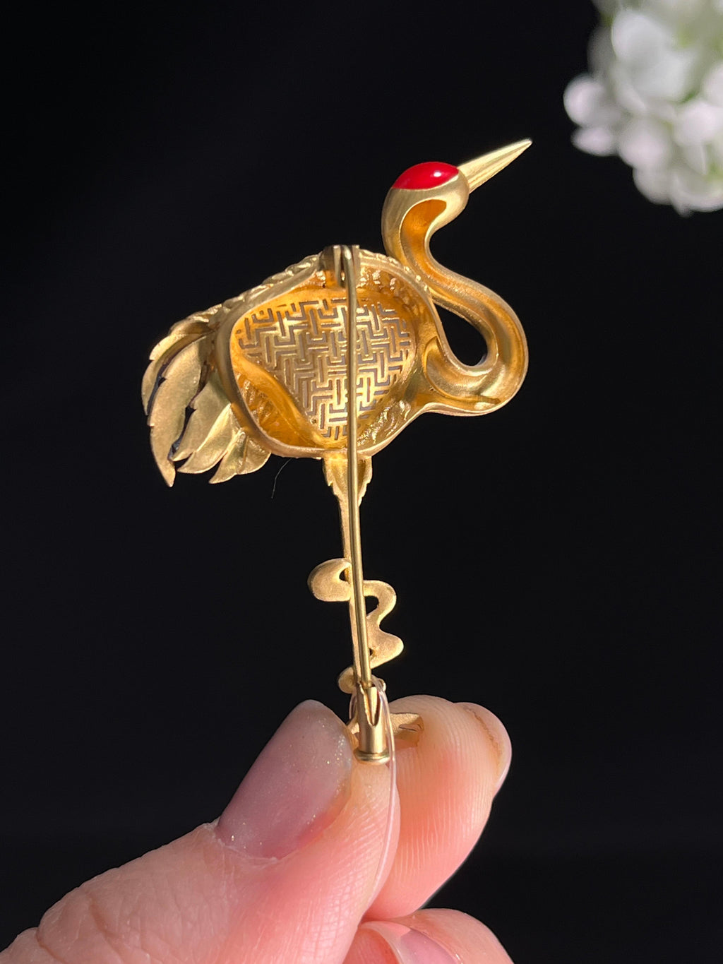 新疆天然和田玉籽料白玉18k金镶仙鹤胸针1（yc268285）