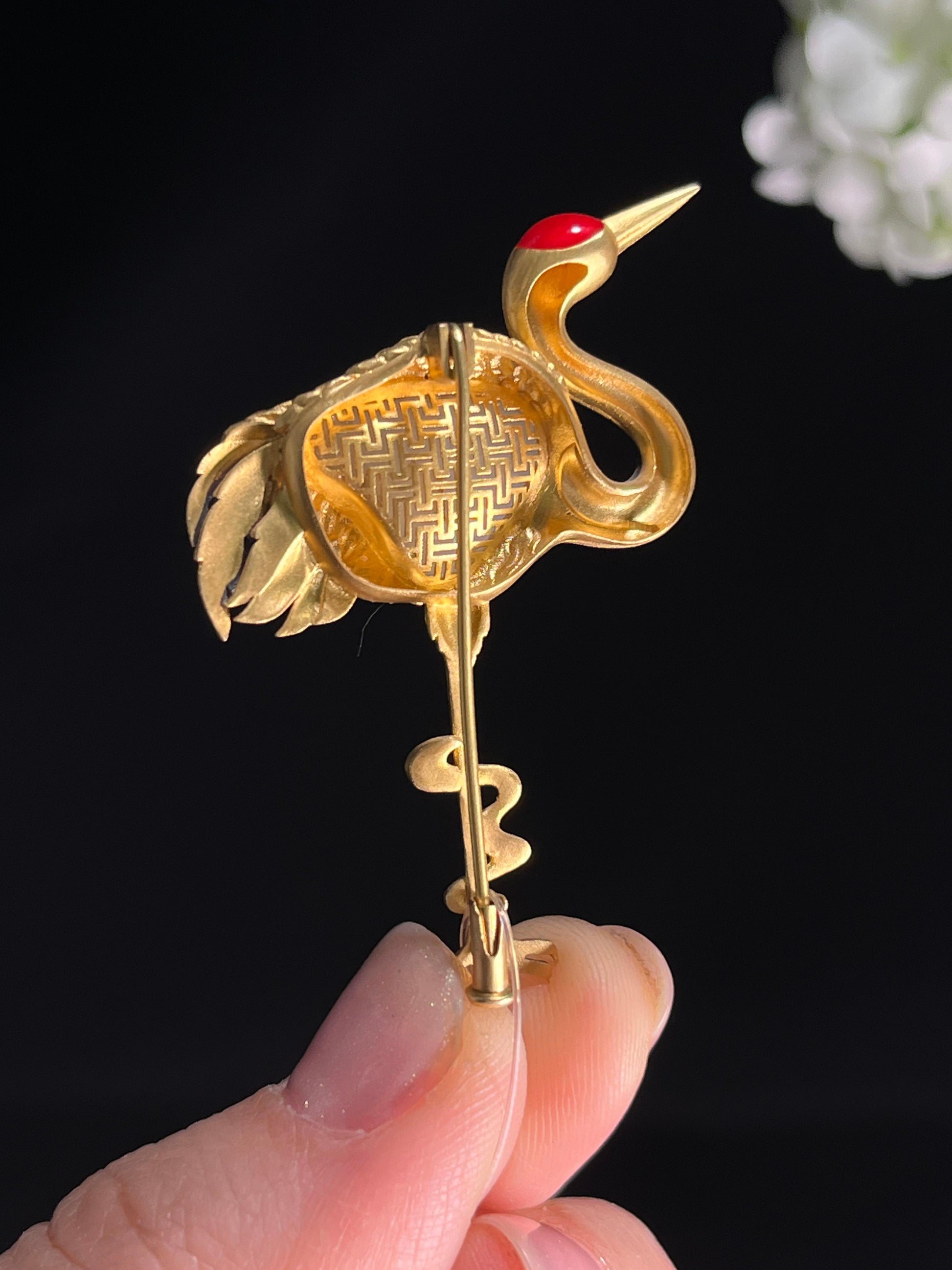 新疆天然和田玉籽料白玉18k金镶仙鹤胸针1（yc268285）
