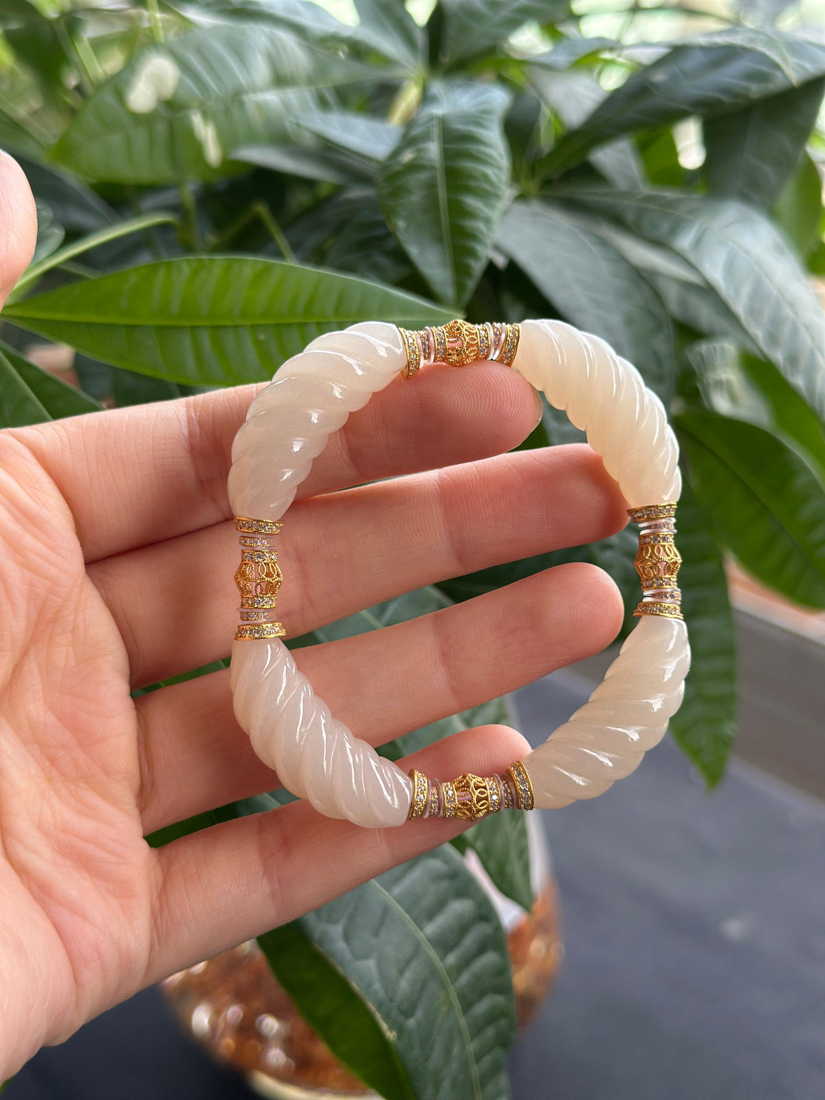 和田玉S925银镶藕粉弯管手串（yc727448）