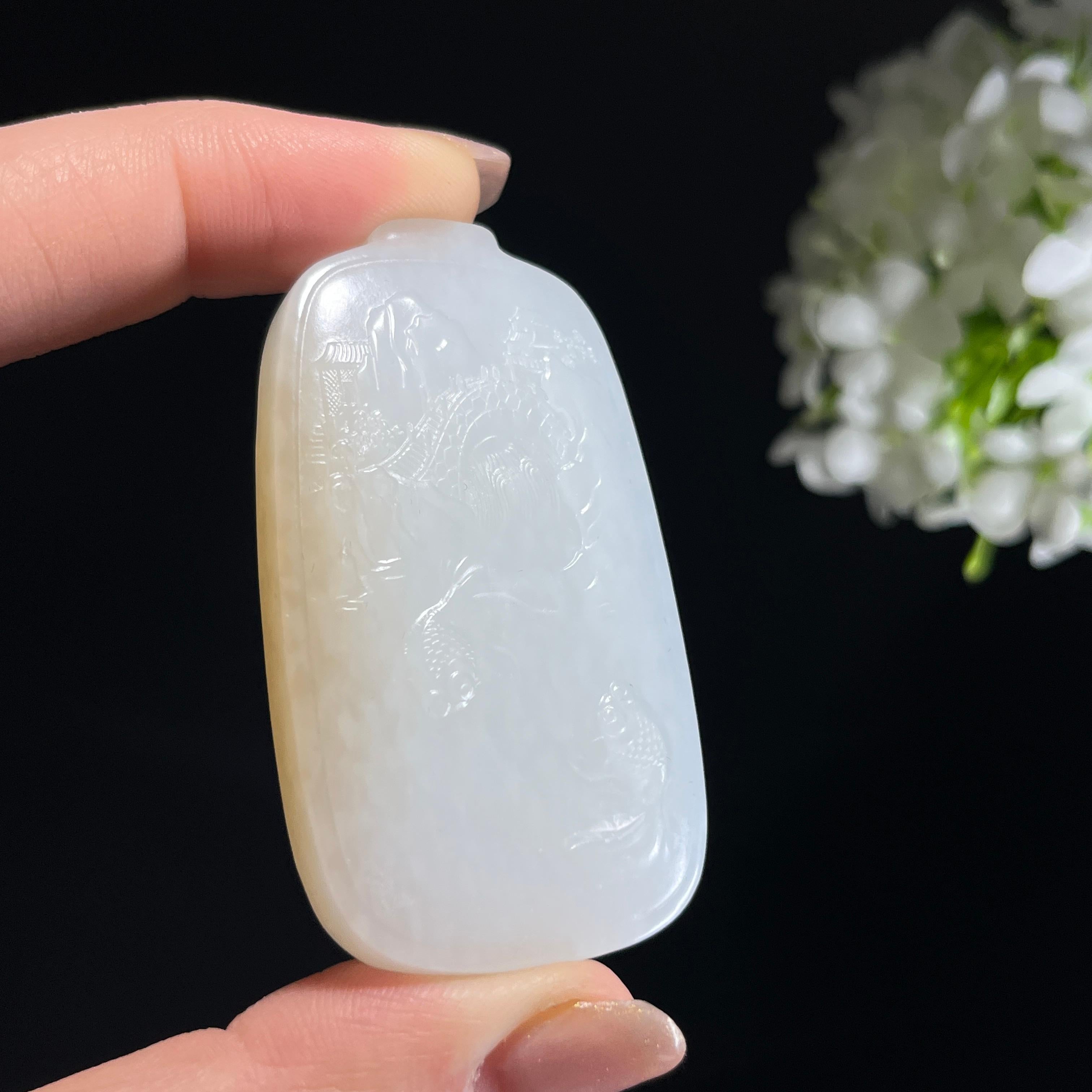 和田玉糖白玉“凤羽逐波”凤凰、山水雕刻挂件（yc346414） – 添福玉器