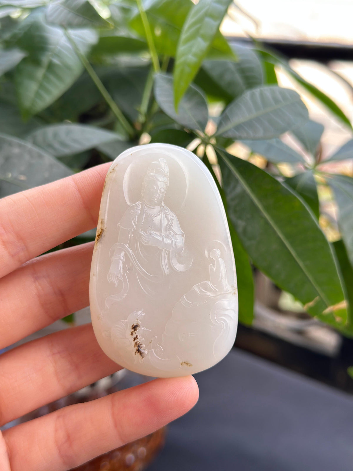 新疆和田玉珍品白玉秋梨皮籽料普贤菩萨挂件（yc709231）