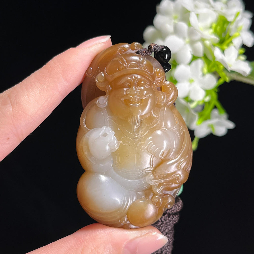 新疆天然和田玉糖玉“糖福满盈”财神雕刻挂件（yc312541）