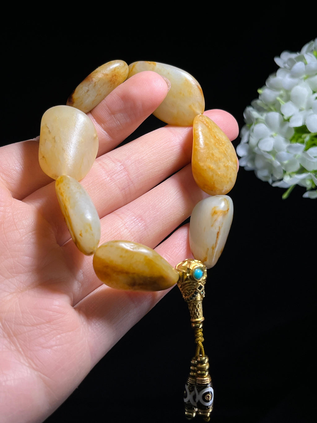 新疆天然和田玉籽料原石洒金皮18k金镶玉手串2（yc262638）