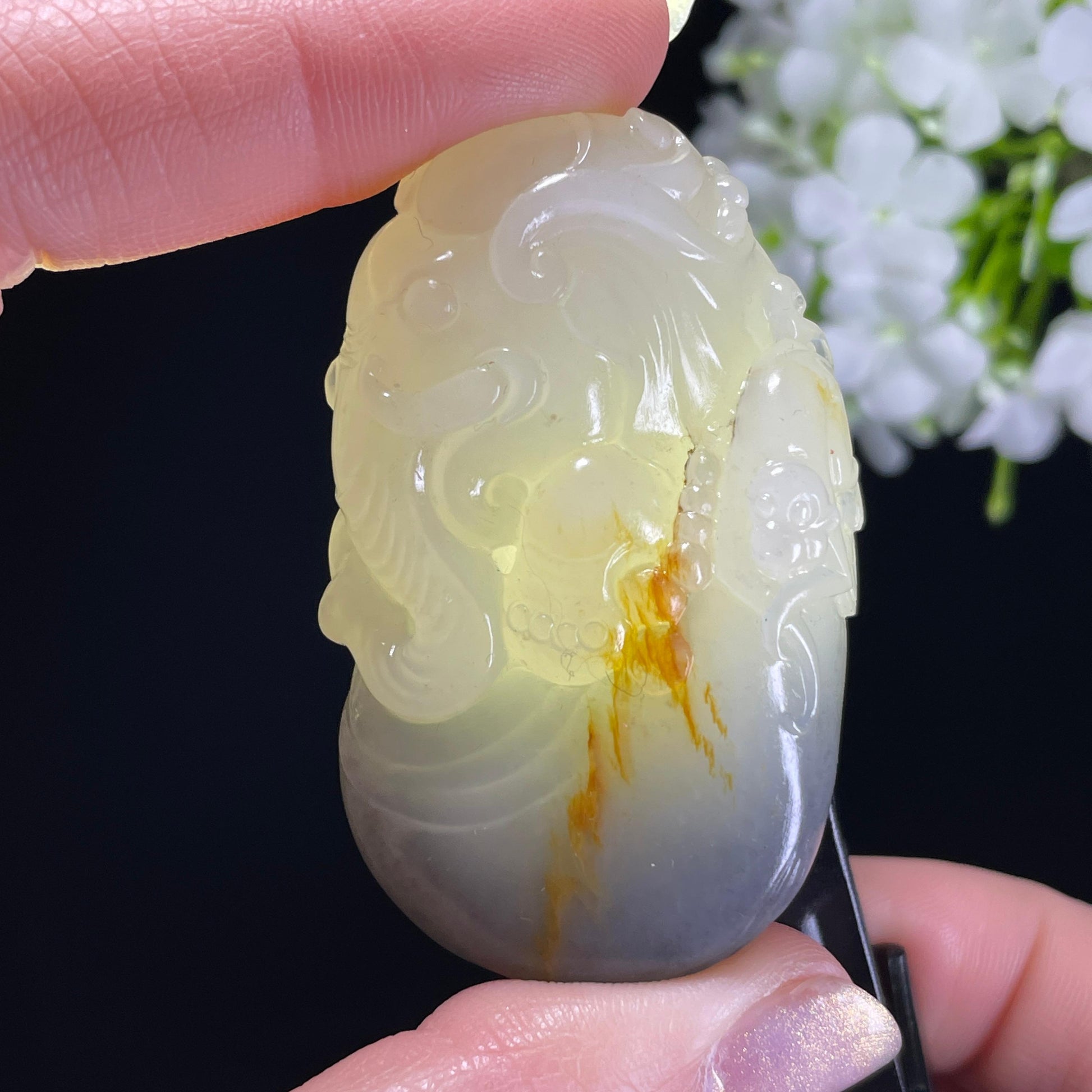 和田玉青花籽料洒金皮“封侯拜相”雕刻手把件（yc326494）