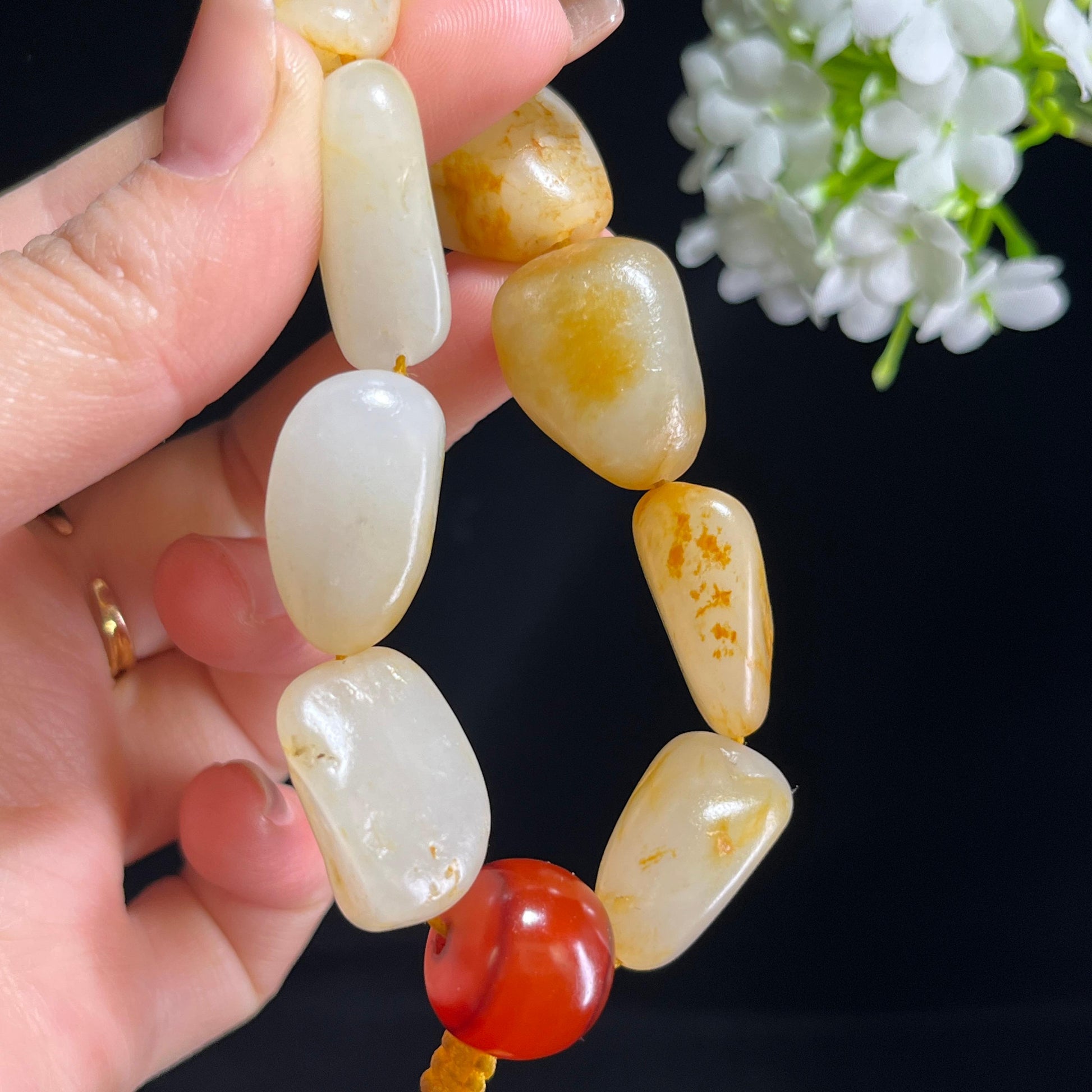 和田玉白玉洒金皮红皮原籽手串（yc381702）