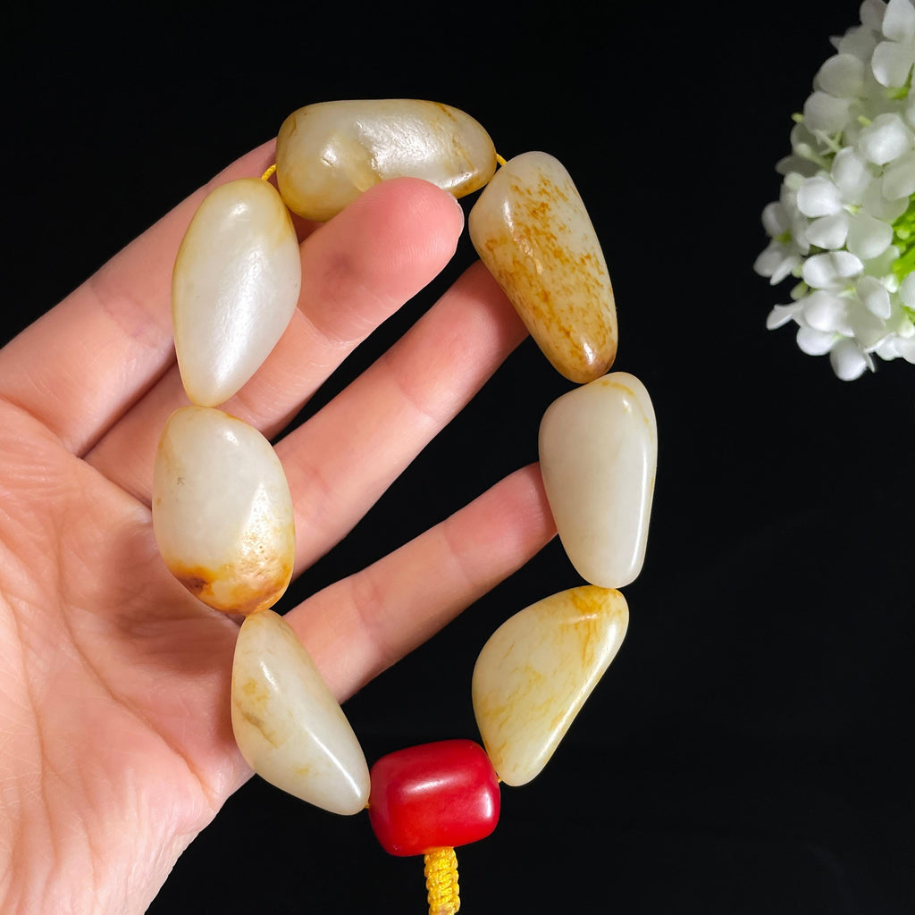 和田玉白玉青白玉红皮洒金皮精品原籽手串（7颗）（yc421859）
