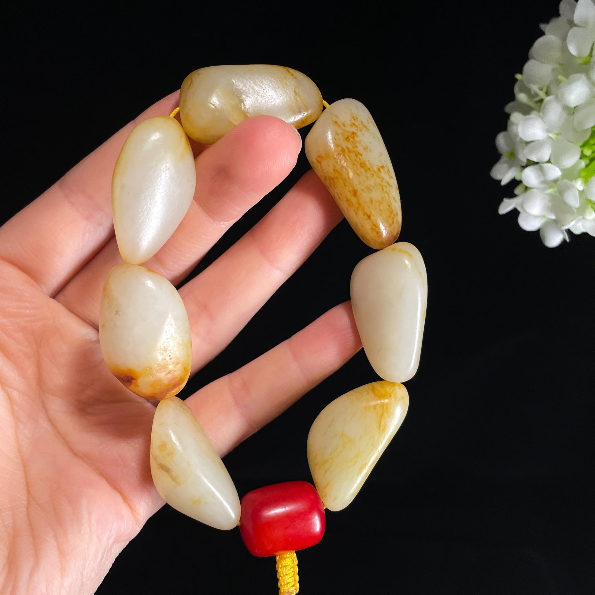 和田玉白玉青白玉红皮洒金皮精品原籽手串（7颗）（yc421859）