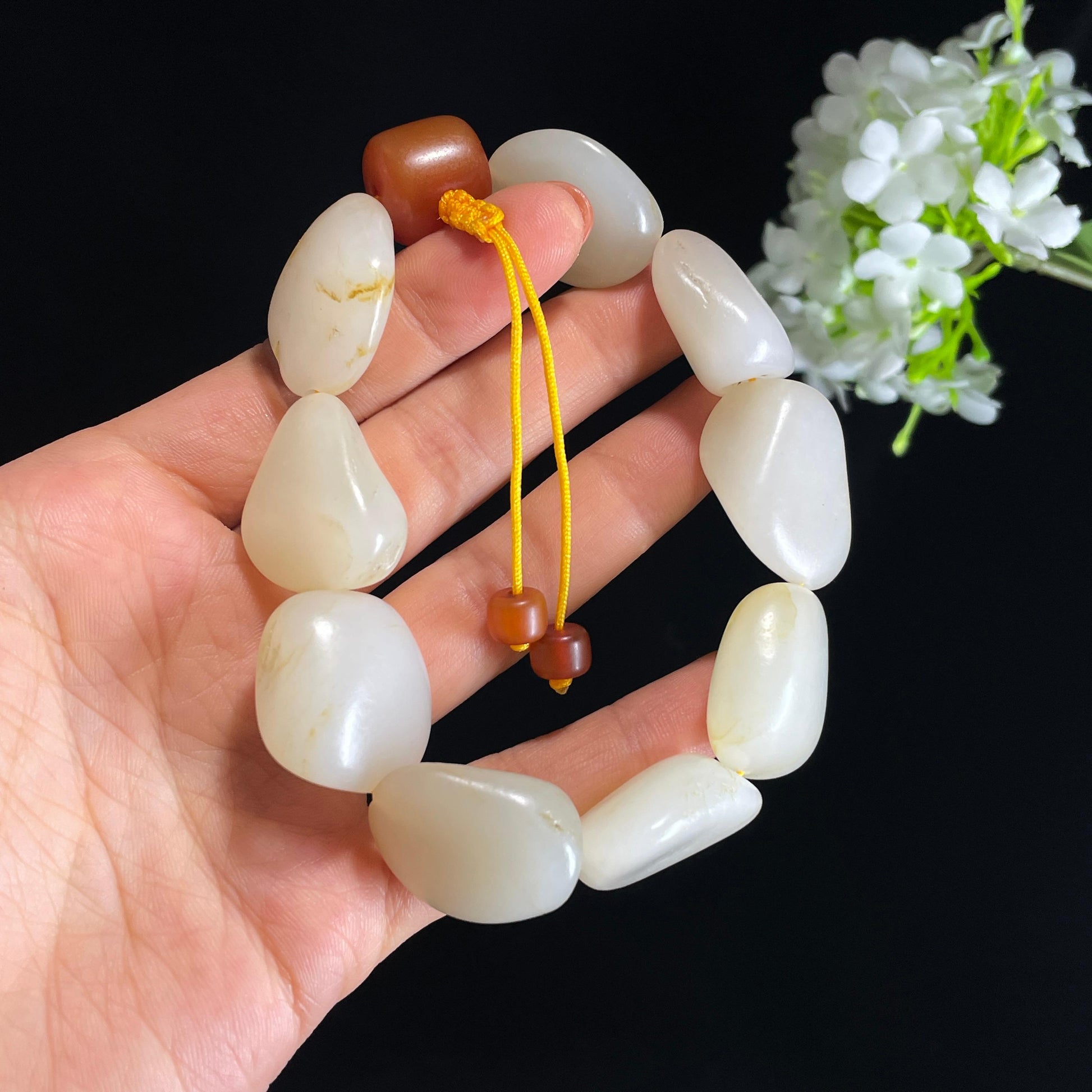 新疆天然和田玉白玉洒金皮原籽手串（yc410601）