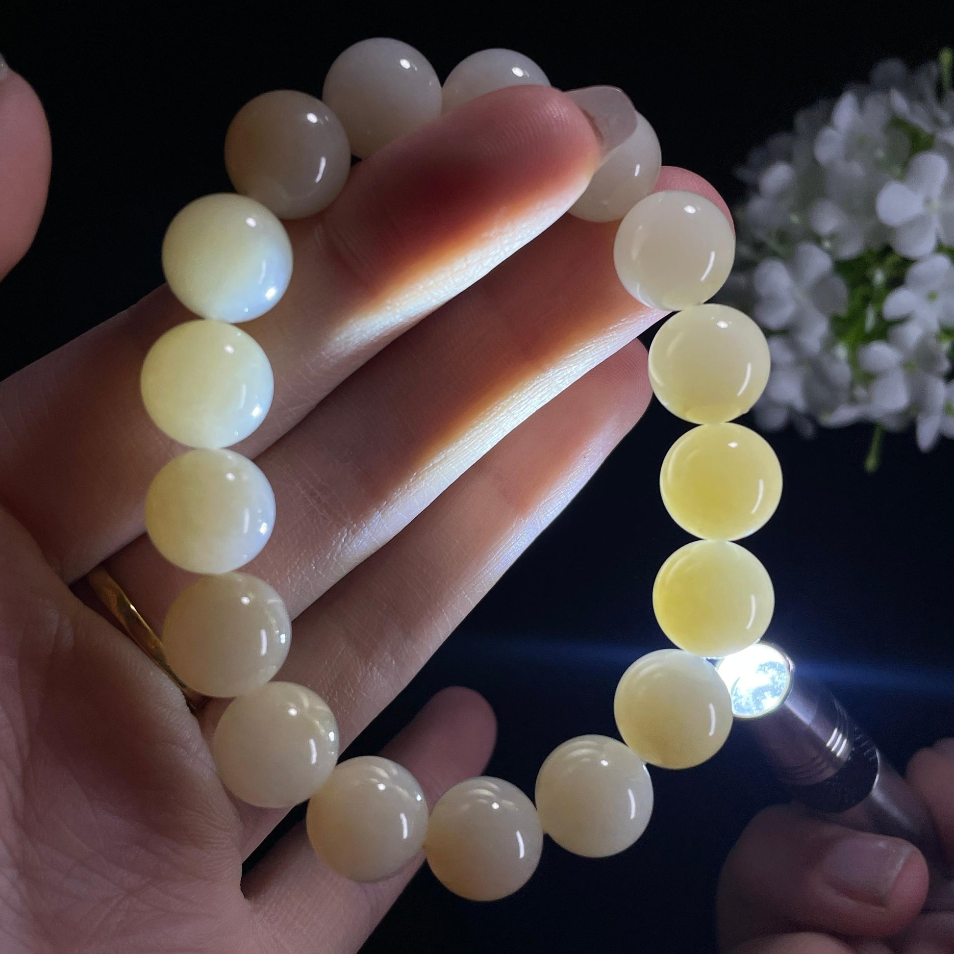 和田玉糖白玉“晴云映日”圆珠手串（yc332132）