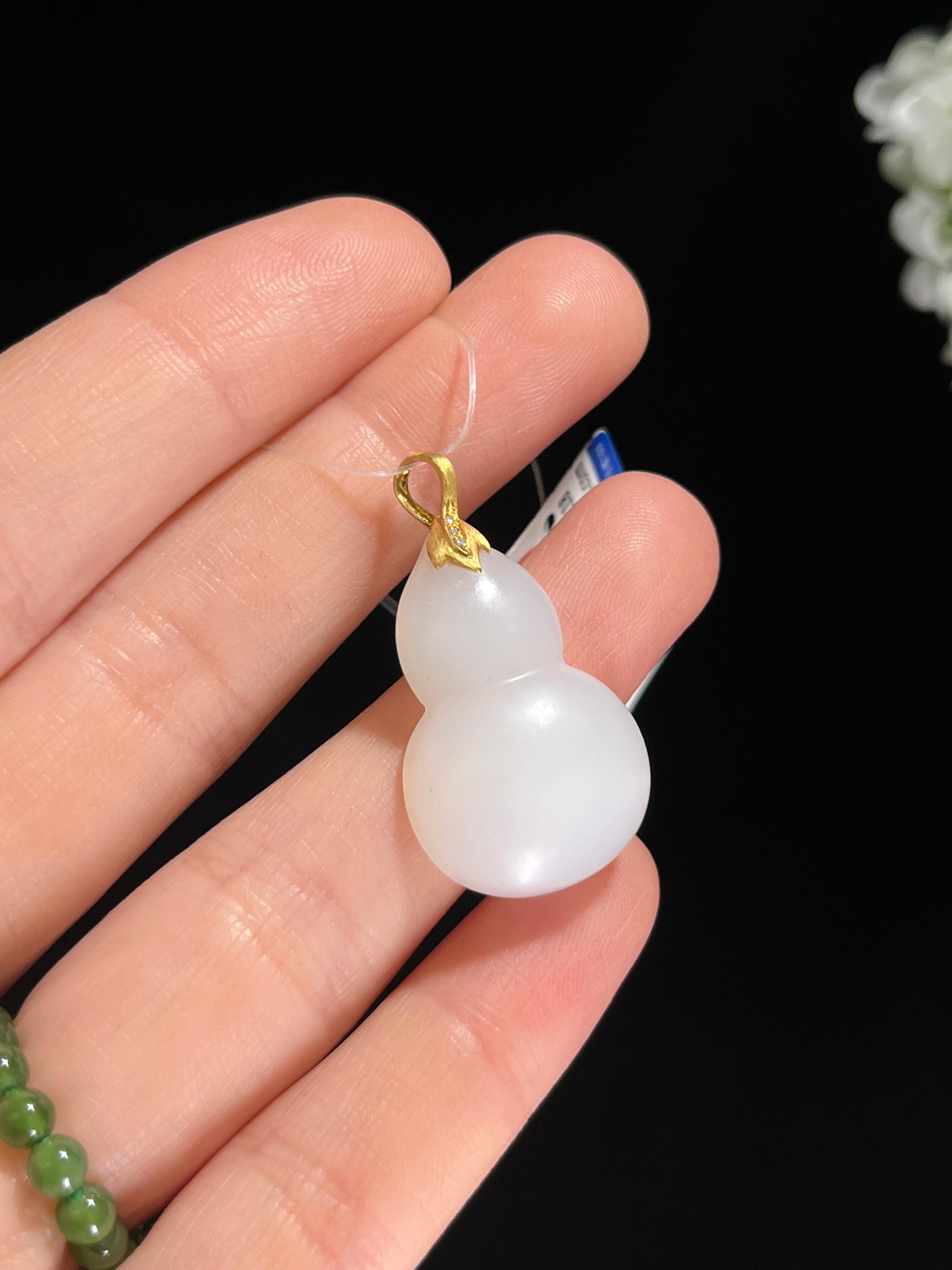 新疆天然和田玉白玉18k金镶葫芦“福禄双全”吊坠（yc260415）