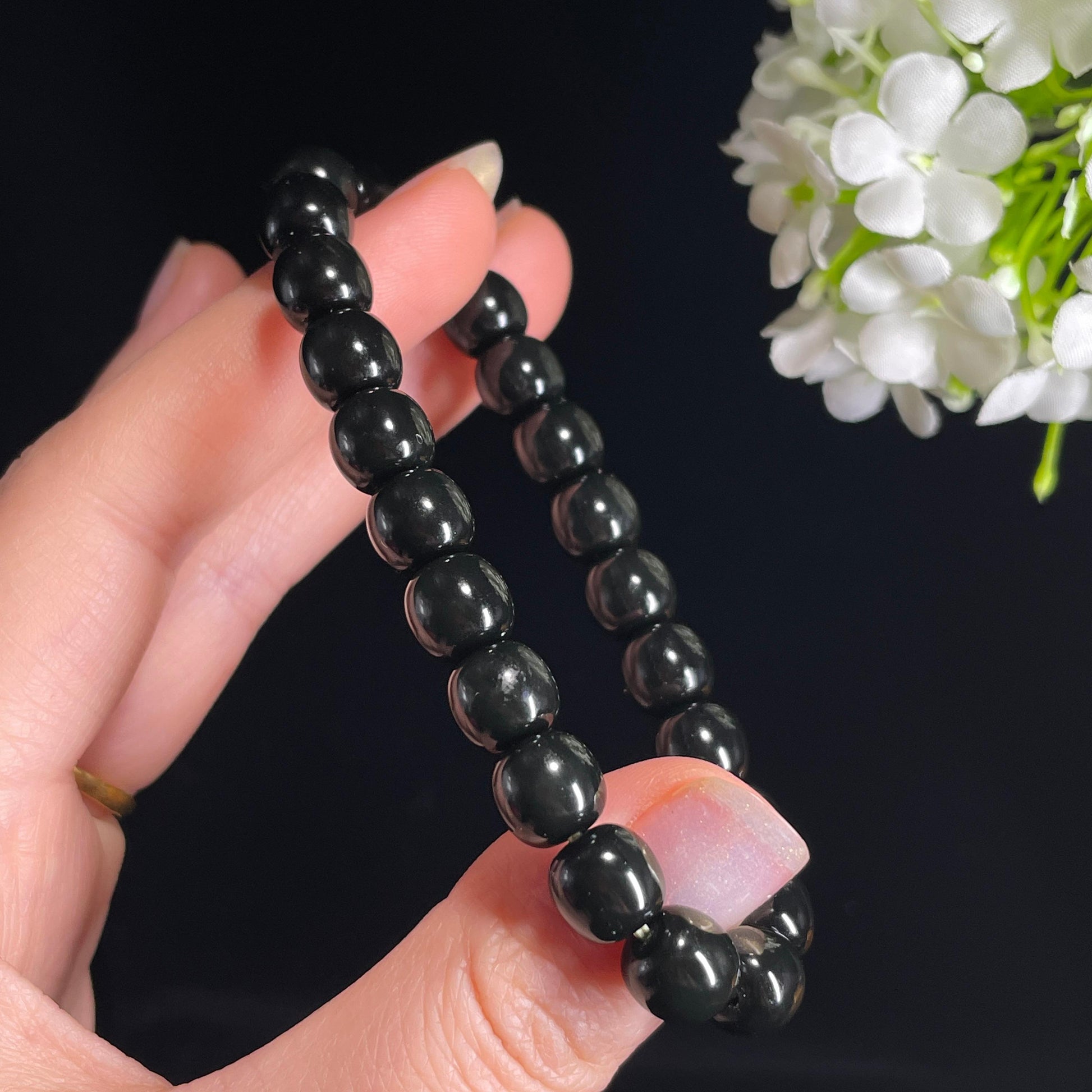 新疆天然和田玉“暗夜流光”黑青手串（yc328948）