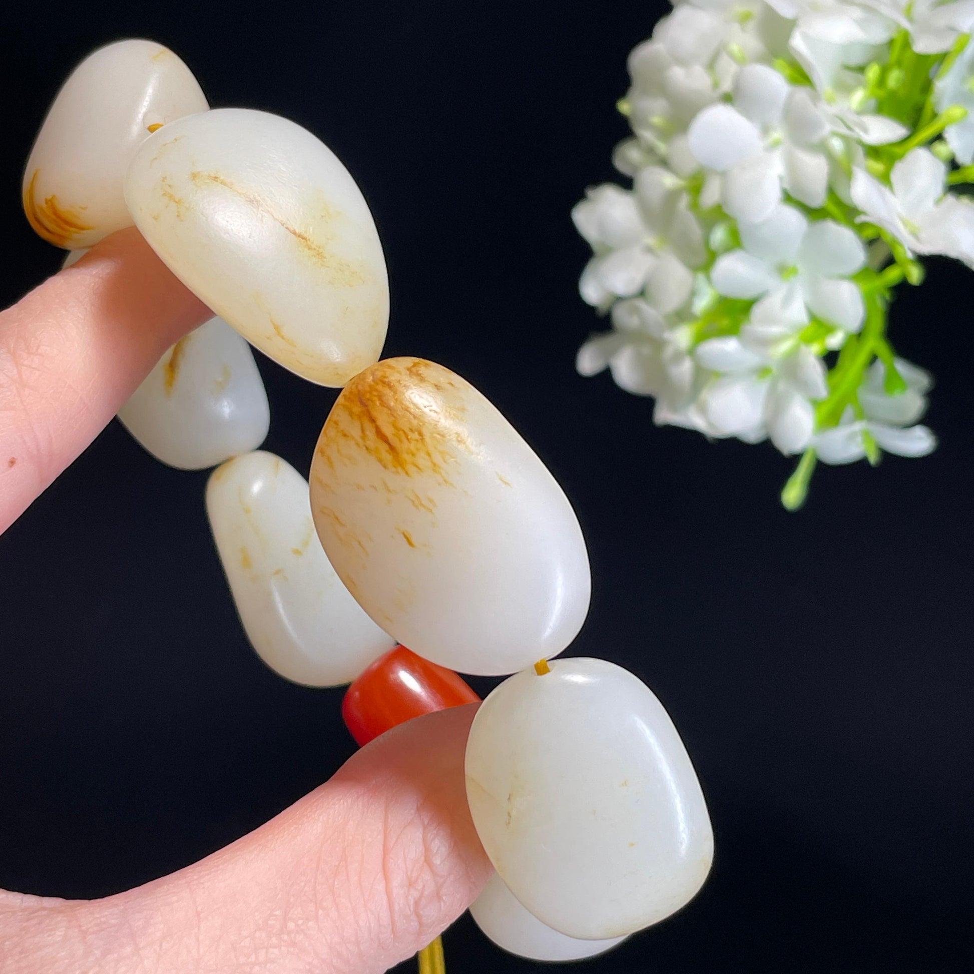 新疆天然和田玉白玉洒金皮籽料手串（yc340476）