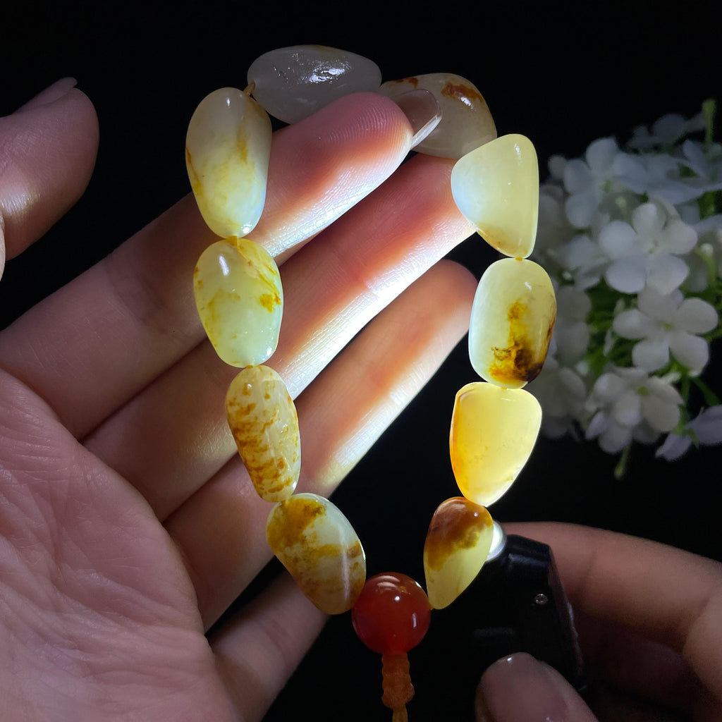 和田玉白玉青白玉红皮原籽手串（yc382243）