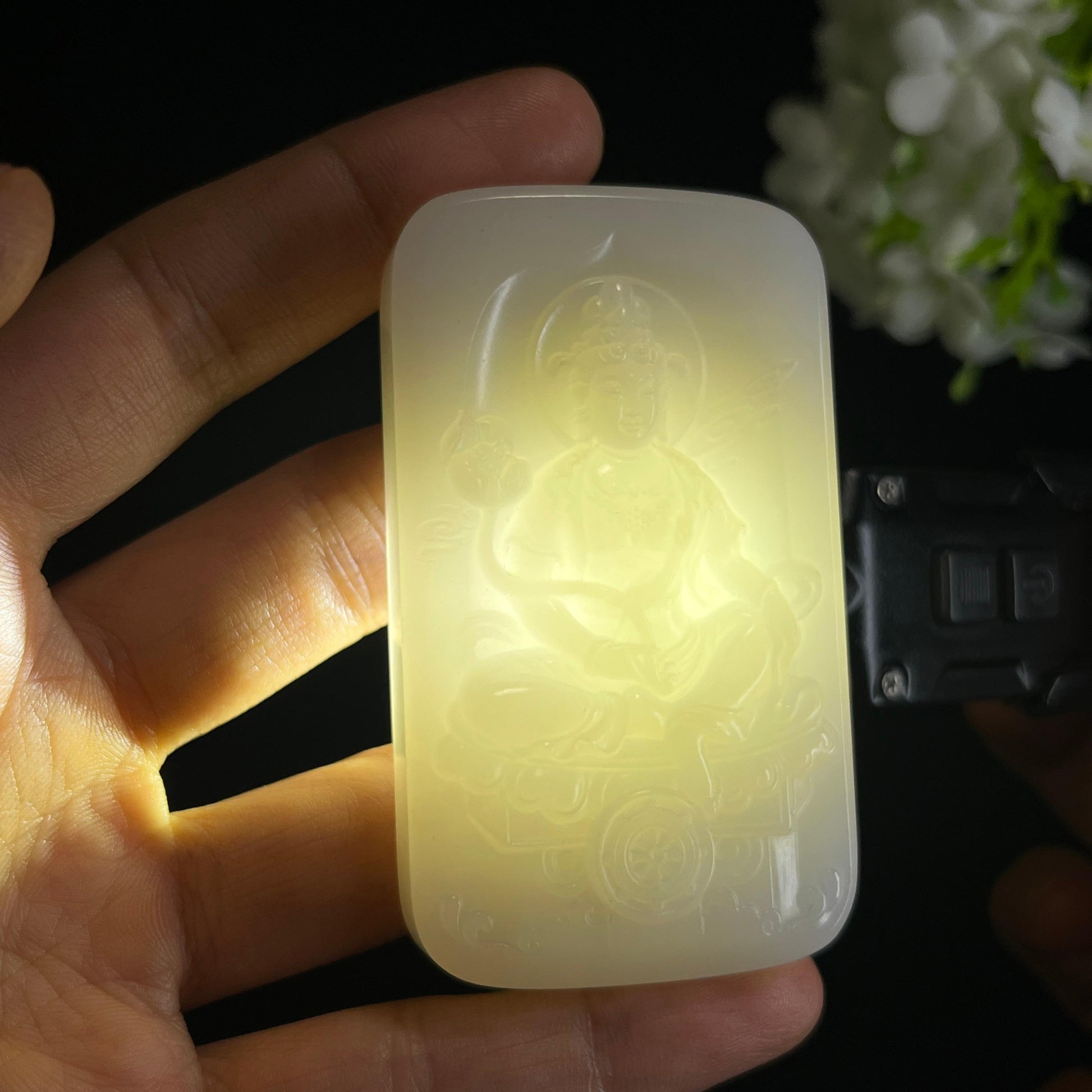 和田玉羊脂白玉“莲台行愿”普贤雕刻挂件（yc349412）