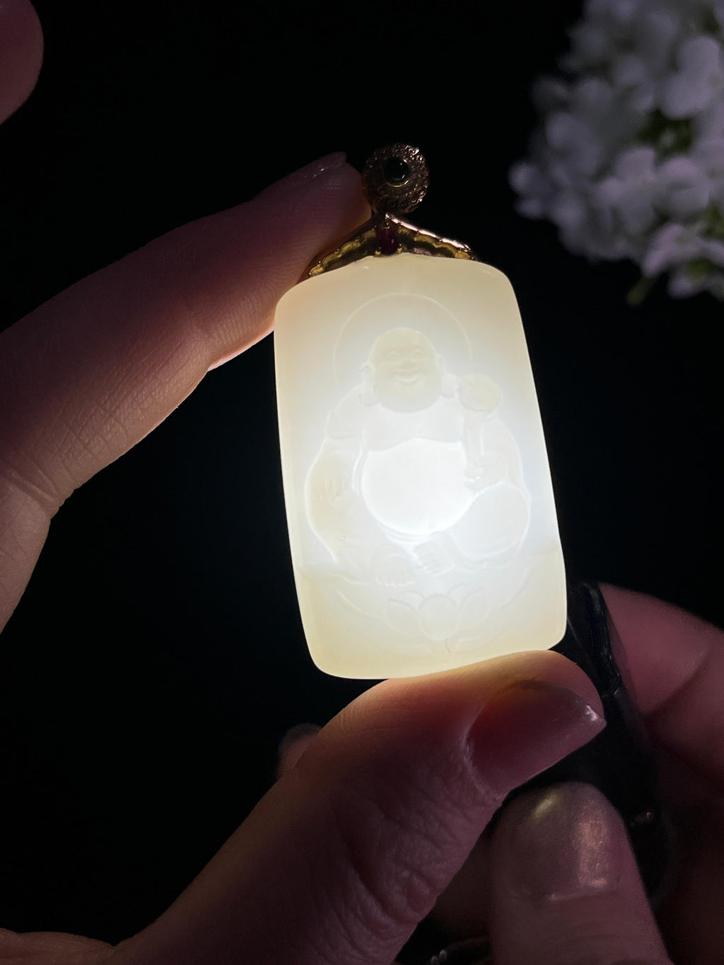 18k金镶和田玉白玉“福瑞呈祥”挂件（无事牌和串一起卖）（yc267135）