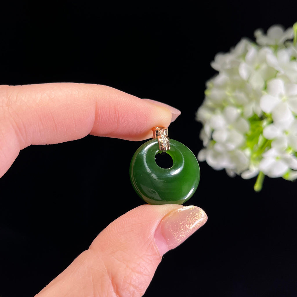 新疆天然和田玉18K金镶碧玉平安扣（yc351468）