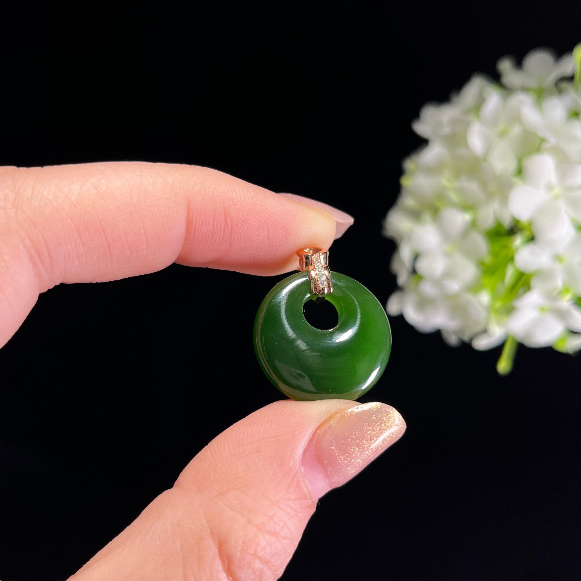 新疆天然和田玉18K金镶碧玉平安扣（yc351468）