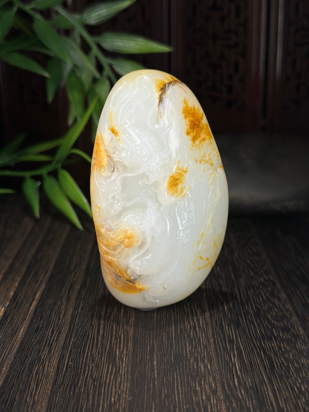 新疆和田玉珍品白玉洒金皮籽料双龙戏珠手把件（yc712105）