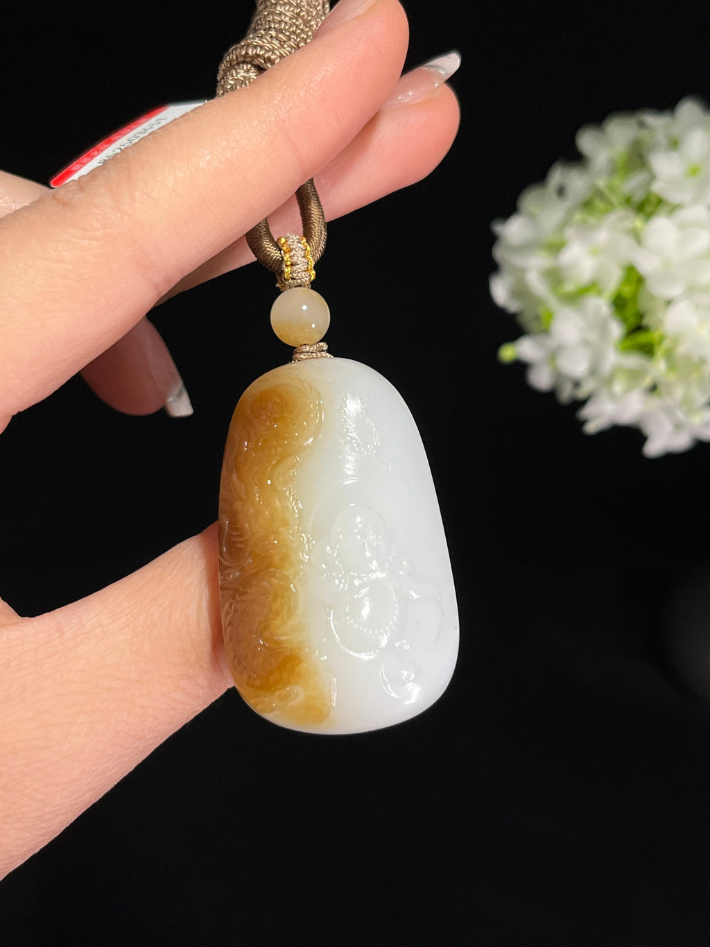 和田玉且末糖白无事牌弥勒佛雕刻挂件（yc244866）