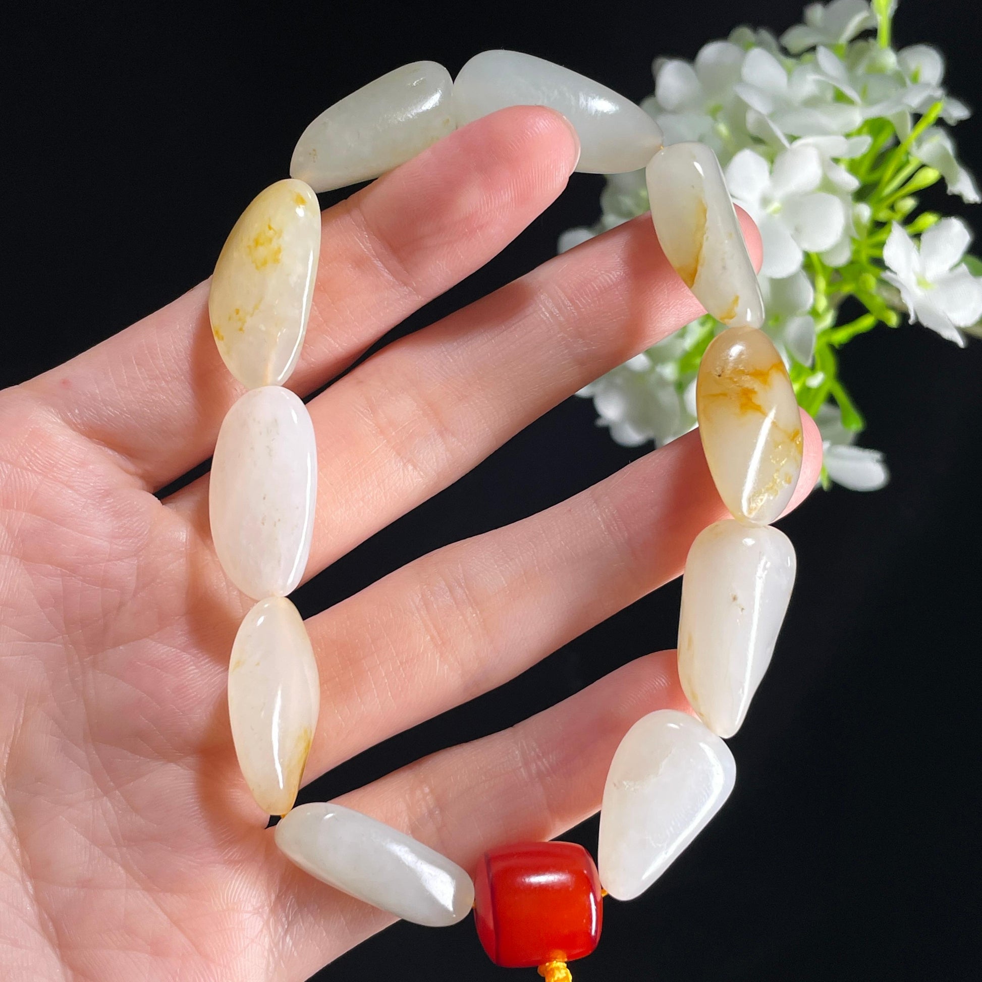 新疆天然和田玉白玉洒金皮红皮原籽手串（10颗）（yc396010）