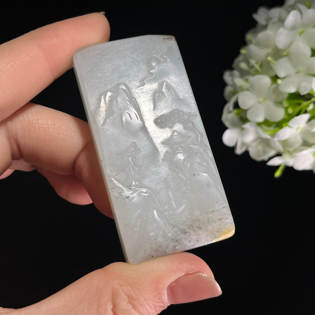 和田玉带墨青花“烟岚叠翠”籽料雕刻挂件（yc284607）