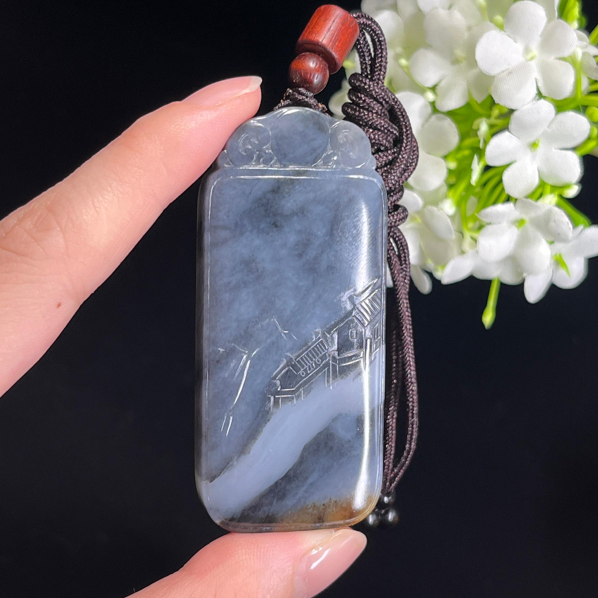 天然和田玉“烟江归舍”青花雕刻无事牌（yc339101）