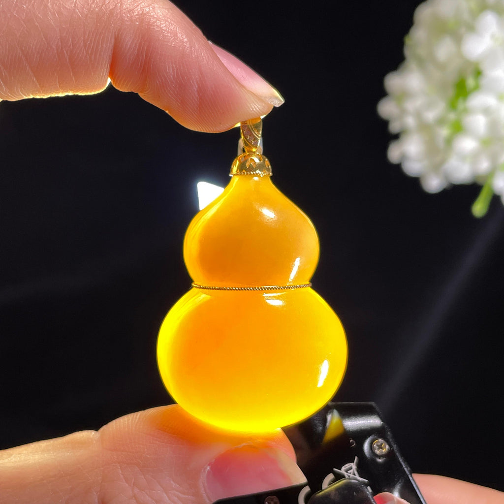 和田玉18K金镶糖白玉葫芦吊坠（yc415675）
