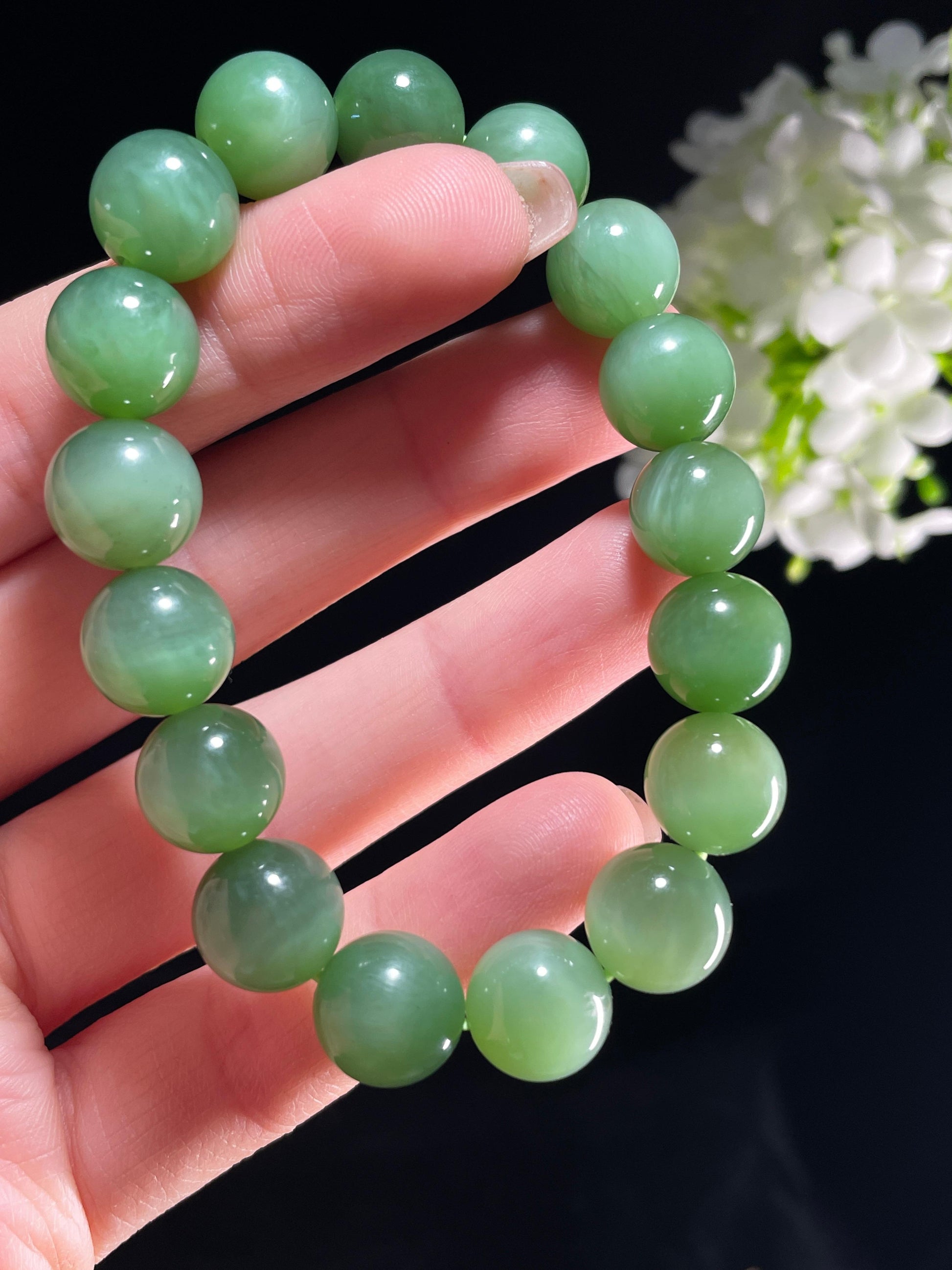 新建天然和田玉碧玉圆珠手串（yc357651）