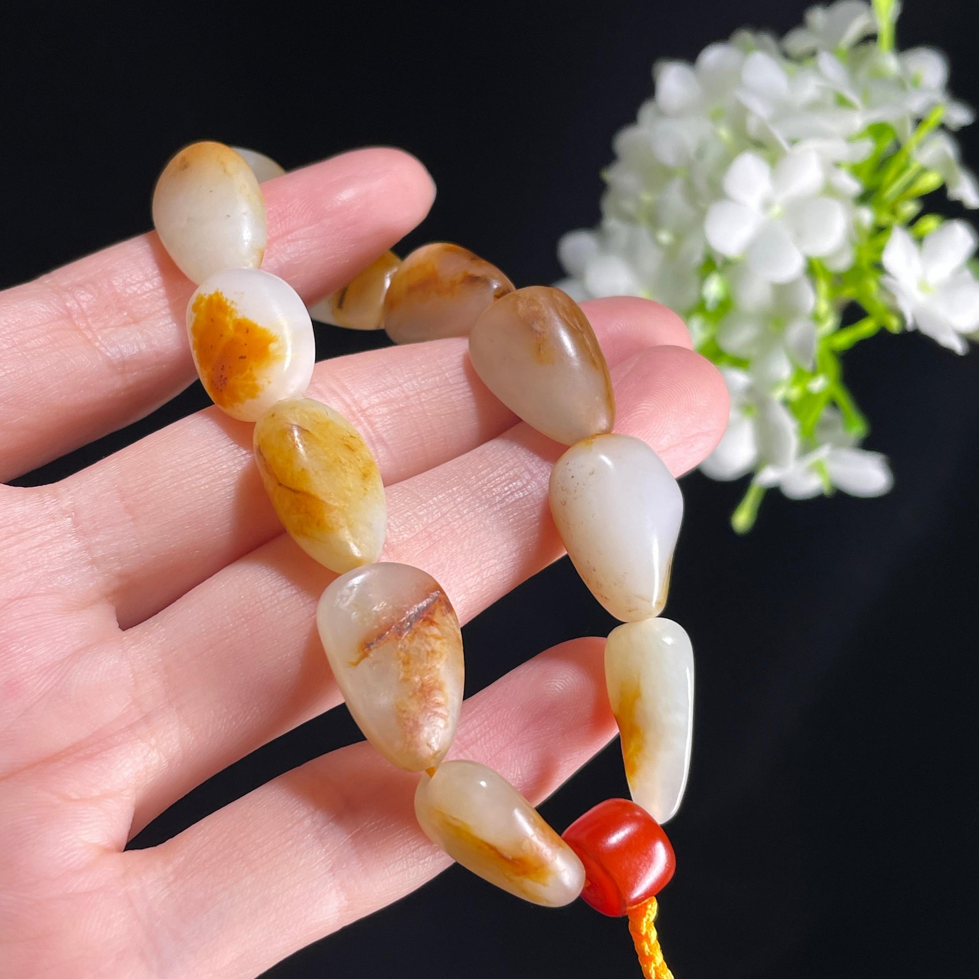 新疆天然和田玉白玉红皮原籽手串（11颗）（yc396000）