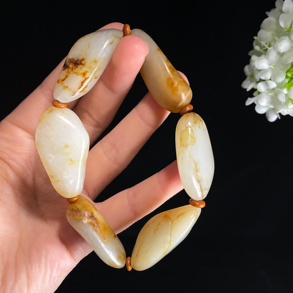 和田玉白玉青白玉洒金皮红皮原籽手串（6颗）（yc421851）