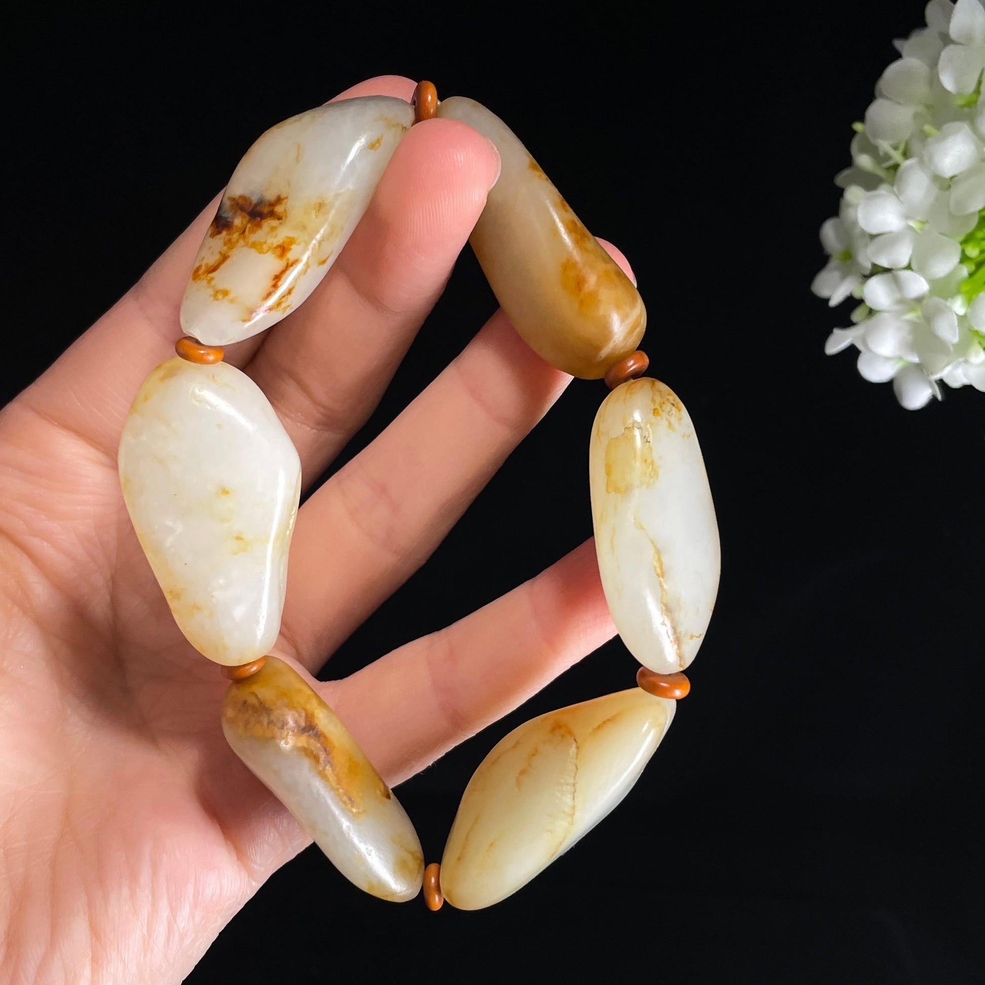 和田玉白玉青白玉洒金皮红皮原籽手串（6颗）（yc421851）