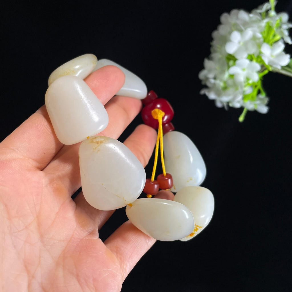 和田玉白玉洒金皮红皮原籽手串（yc410612）