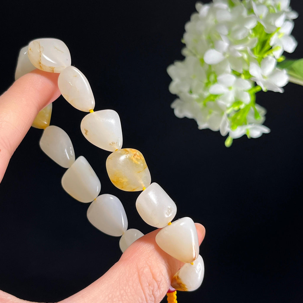 和田玉白玉洒金皮浅褐沁纹籽料原籽手串（yc347483）