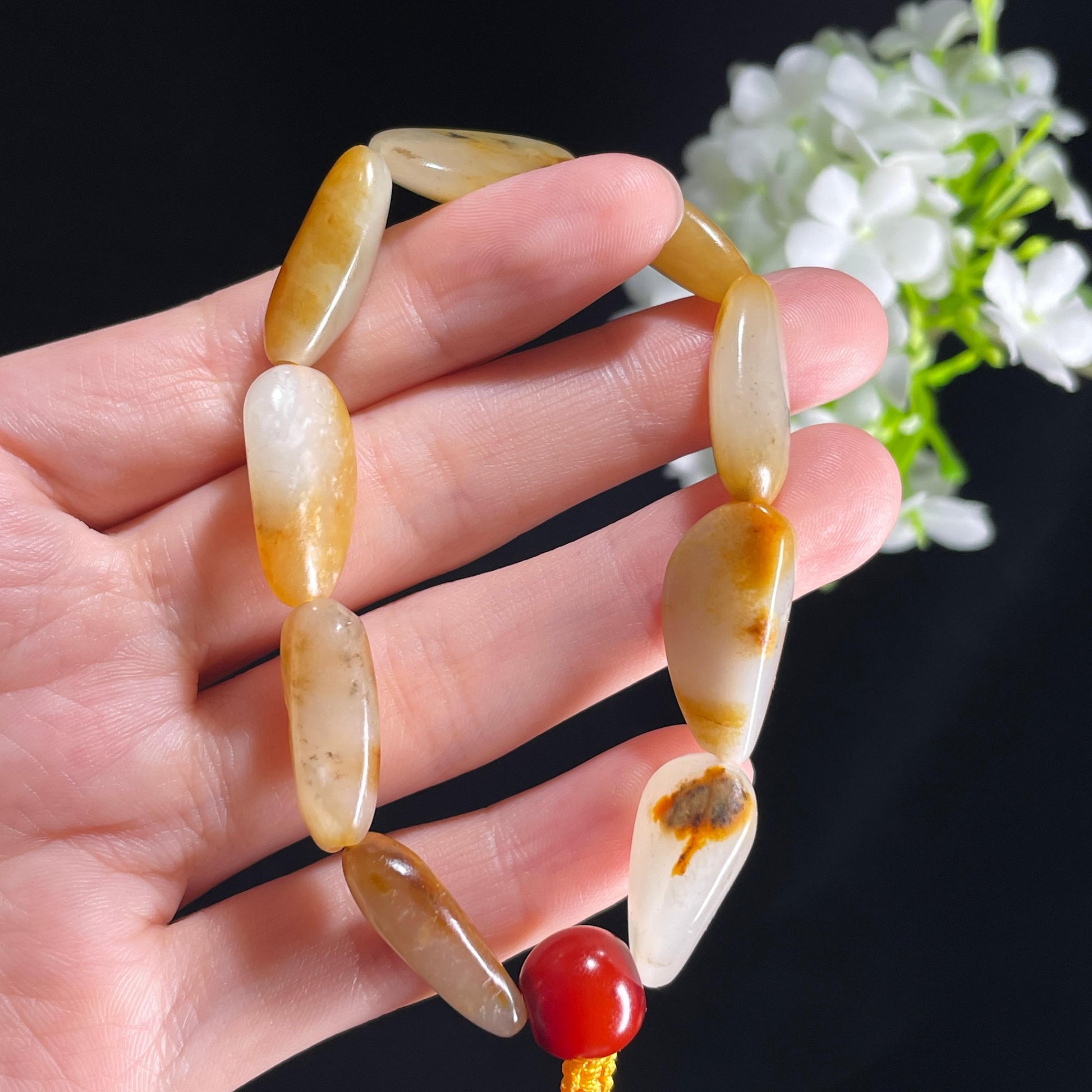 新疆和田玉白玉青白玉红皮原籽手串（10颗）（yc396002）