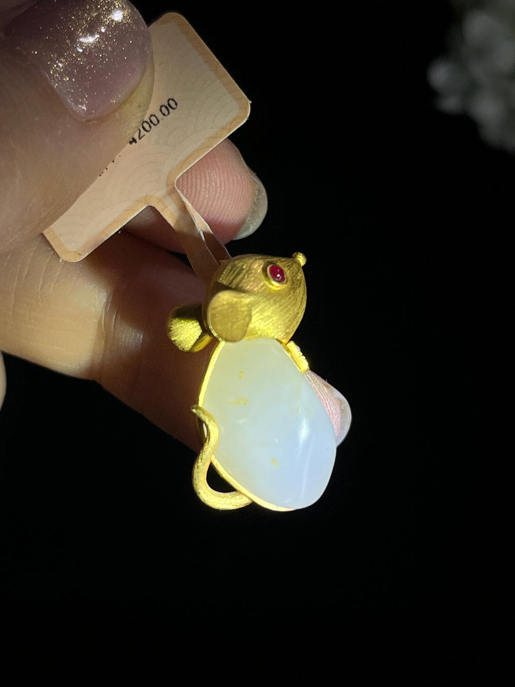 新疆天然和田玉籽料洒金皮18k金镶生肖鼠吊坠（yc268224）