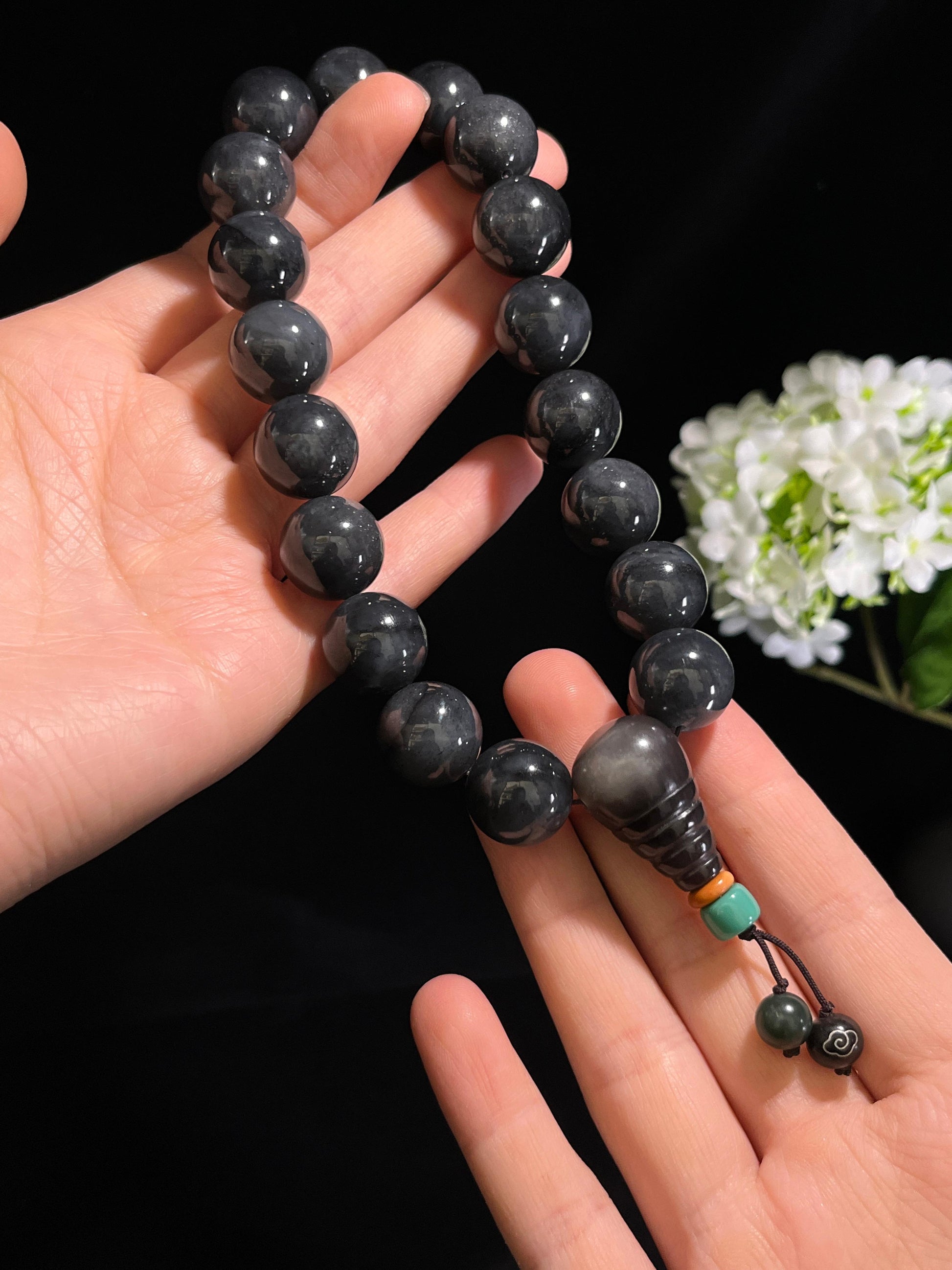 和田玉青花圆形珠手串（卡16）（yc254945）