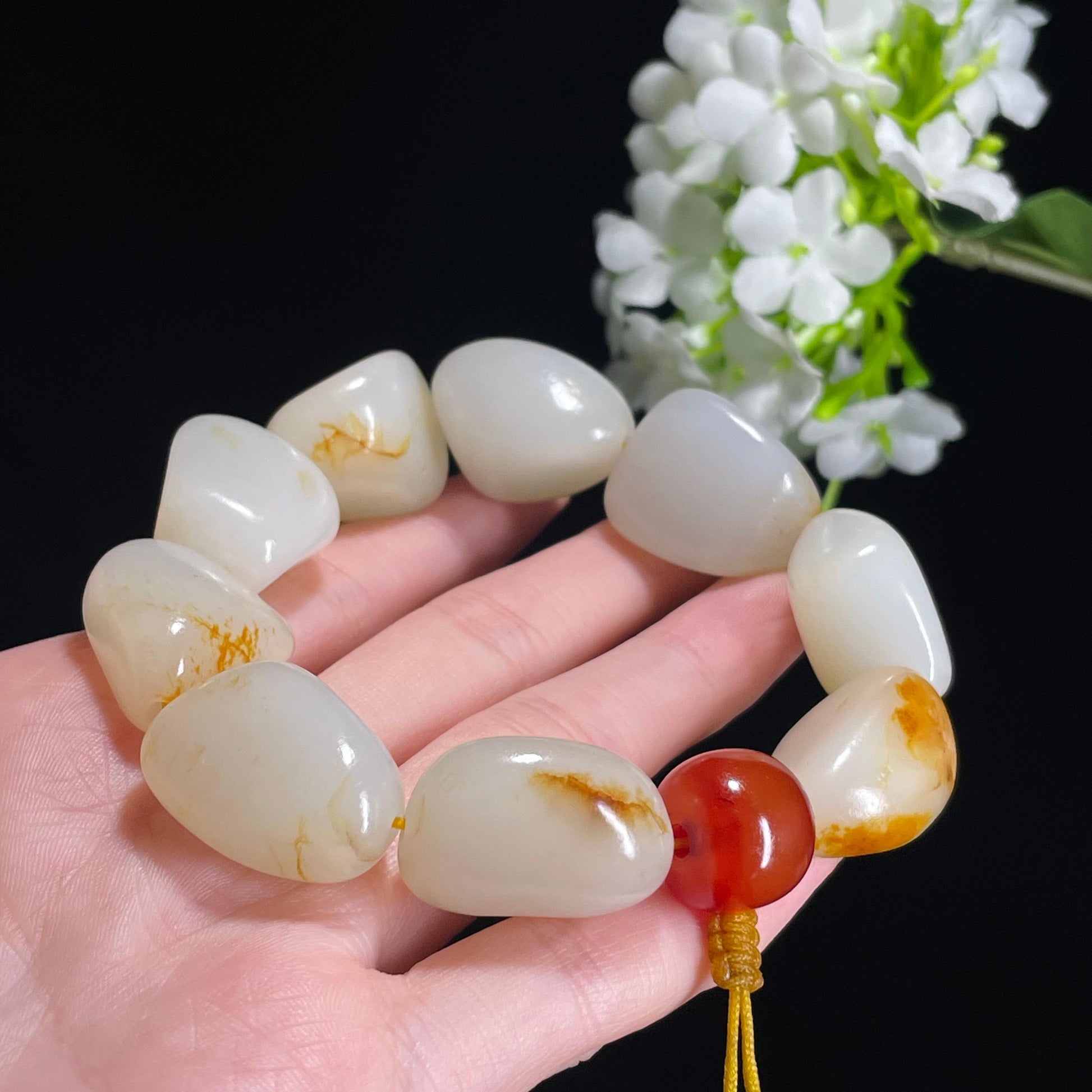 和田玉白玉洒金皮“日光私语”籽料原石手串（yc310223）