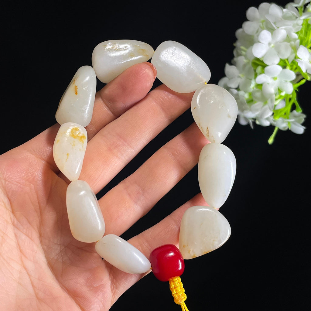 新疆天然和田玉白玉洒金皮原籽手串（yc410653）