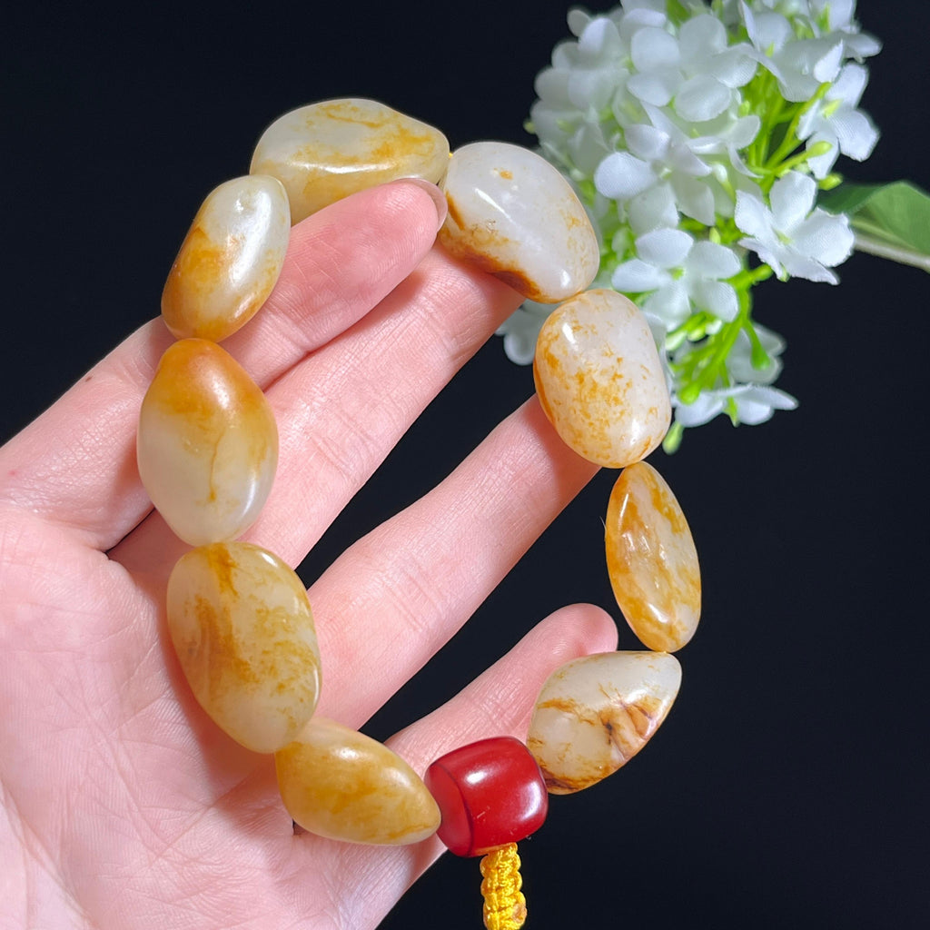 和田玉白玉黄沁皮洒金皮红皮籽料原籽手串（yc347380）