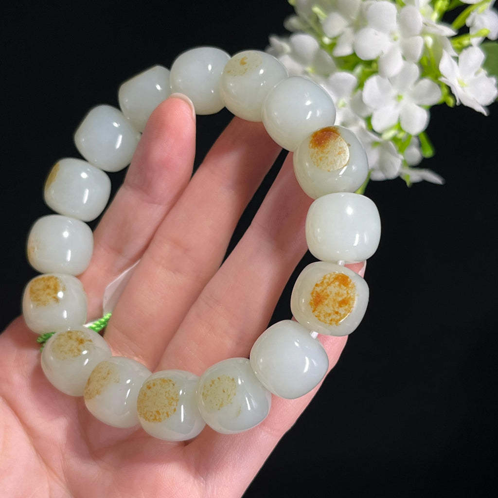 和田玉青白玉洒金皮“玉珠鎏金”籽料手串（yc300905）