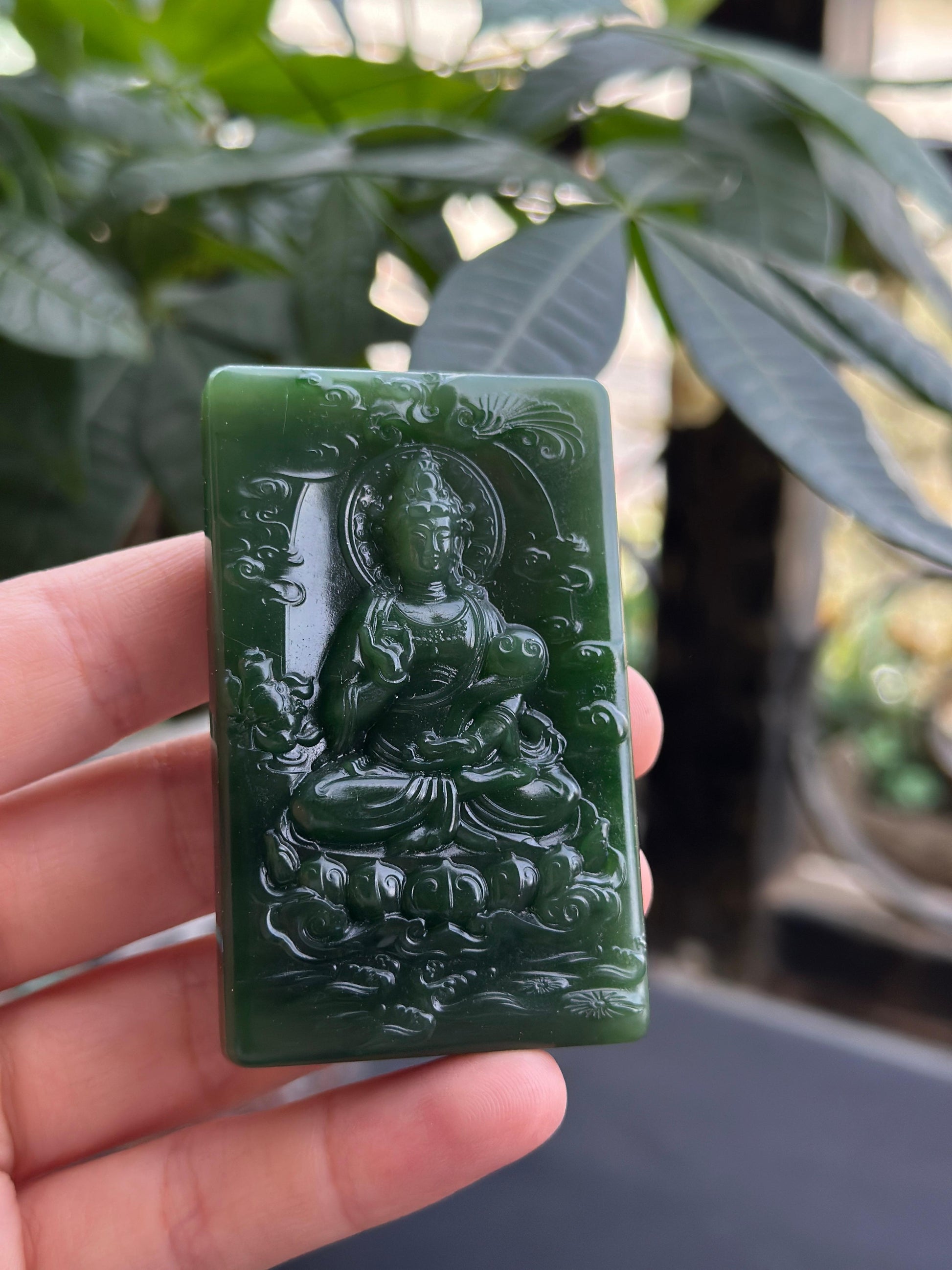 和田玉精品碧玉观音山水双面雕挂件（yc704579）