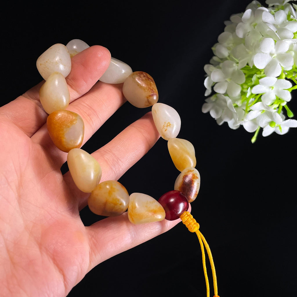 和田玉白玉洒金皮红皮原籽手串（yc356655）