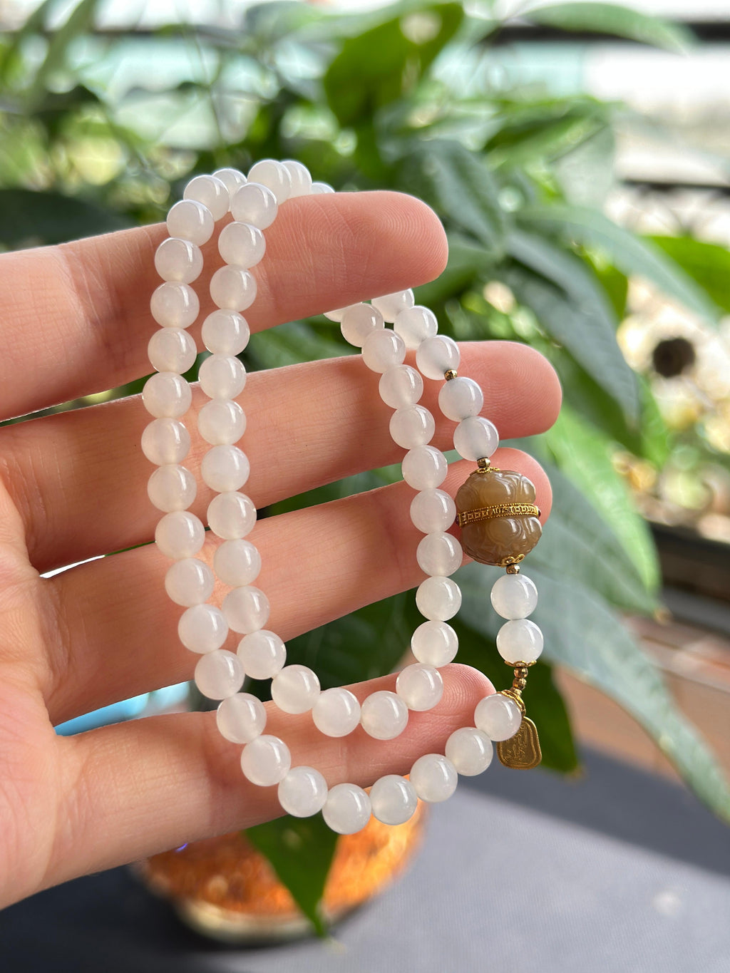 和田玉18K金镶糖玉并蒂莲白玉项链（51颗）（yc725342）