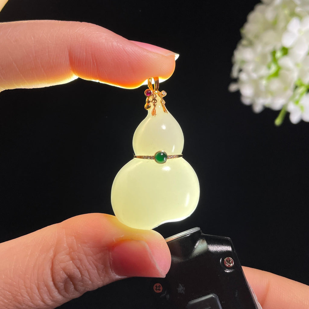和田玉18K金镶白玉葫芦吊坠（yc428775）