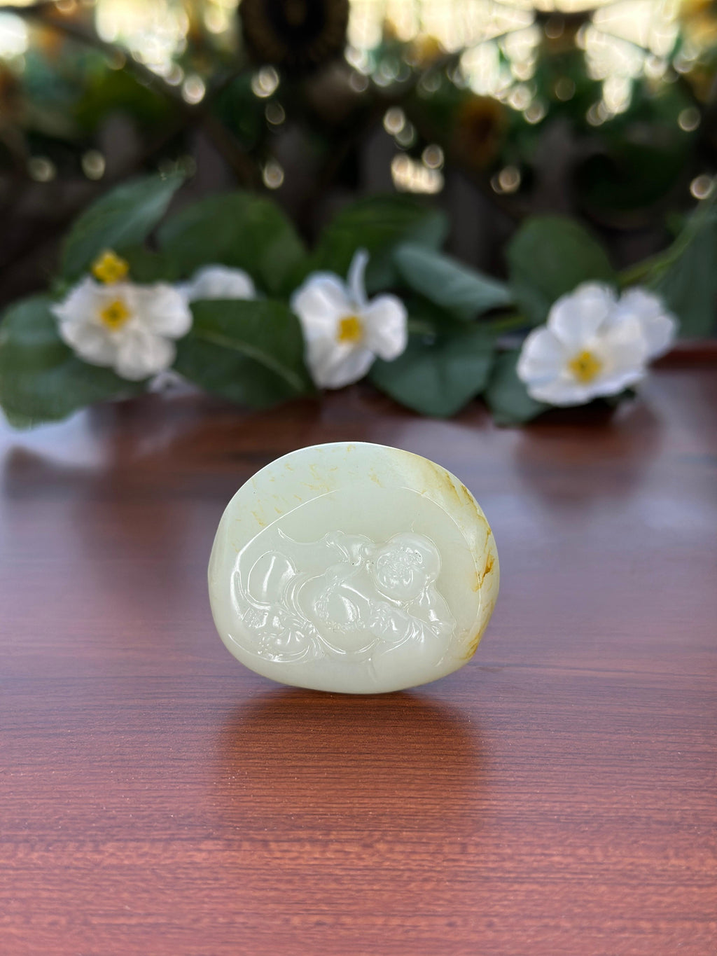 新疆和田玉高青白洒金皮籽料弥勒佛挂件（yc706383）
