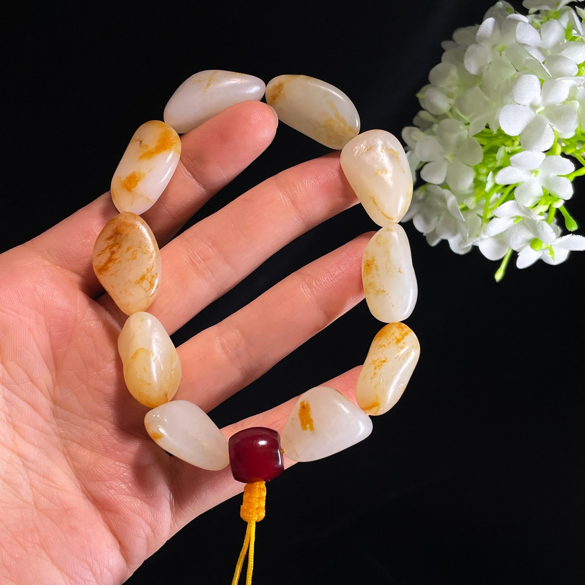 和田玉白玉青白玉洒金皮红皮原籽手串（yc356670）
