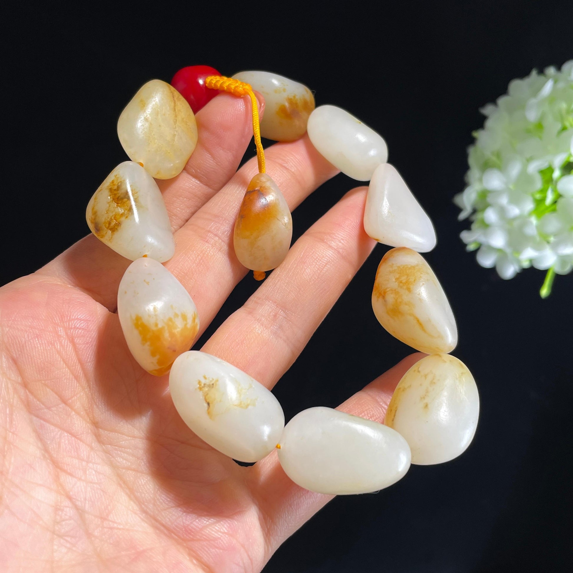 新疆和田玉白玉红皮洒金皮原籽手串（11颗）（yc430771）
