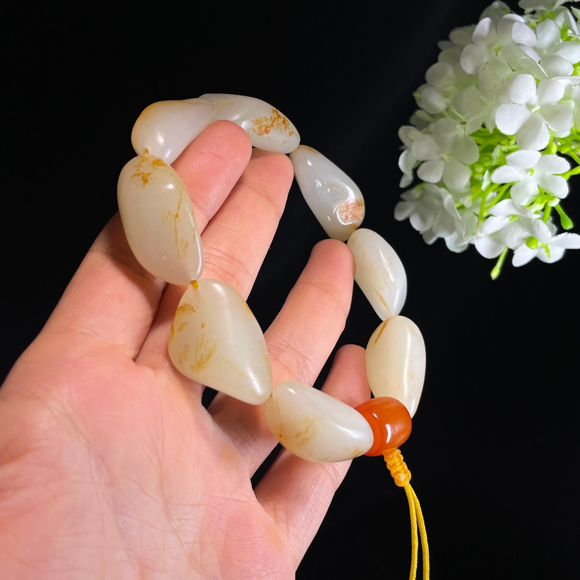 和田玉白玉洒金皮红皮原籽手串（yc356665）