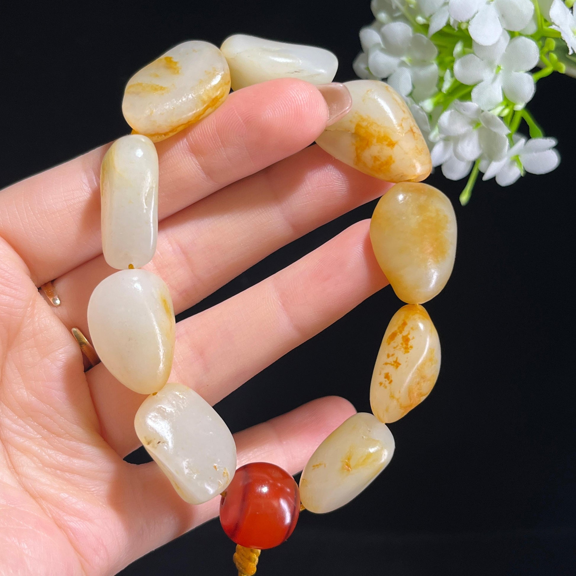 和田玉白玉洒金皮红皮原籽手串（yc381702）