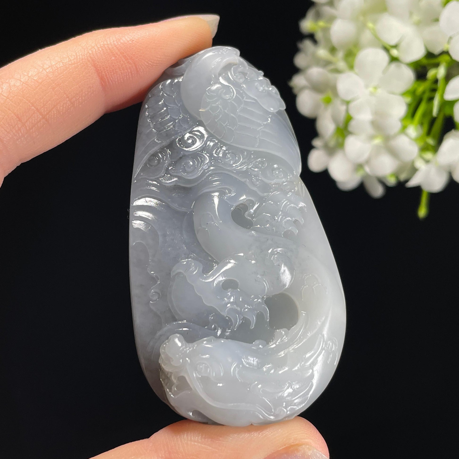 和田玉青花籽料洒金皮“龙凤和鸣”龙凤雕刻手把件（yc326429）